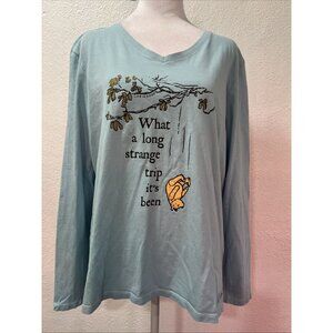 Life is Good Long Sleeve women T-shirt  Size L What A Long Trip 100% Cotton Blue